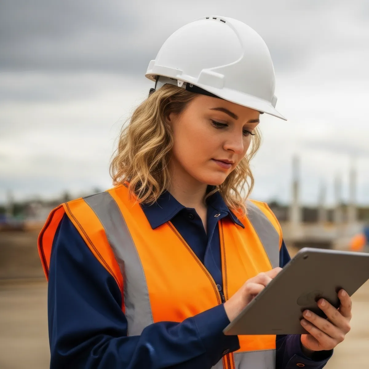 A site inspector recording a digital inspection on a tablet at a construction site