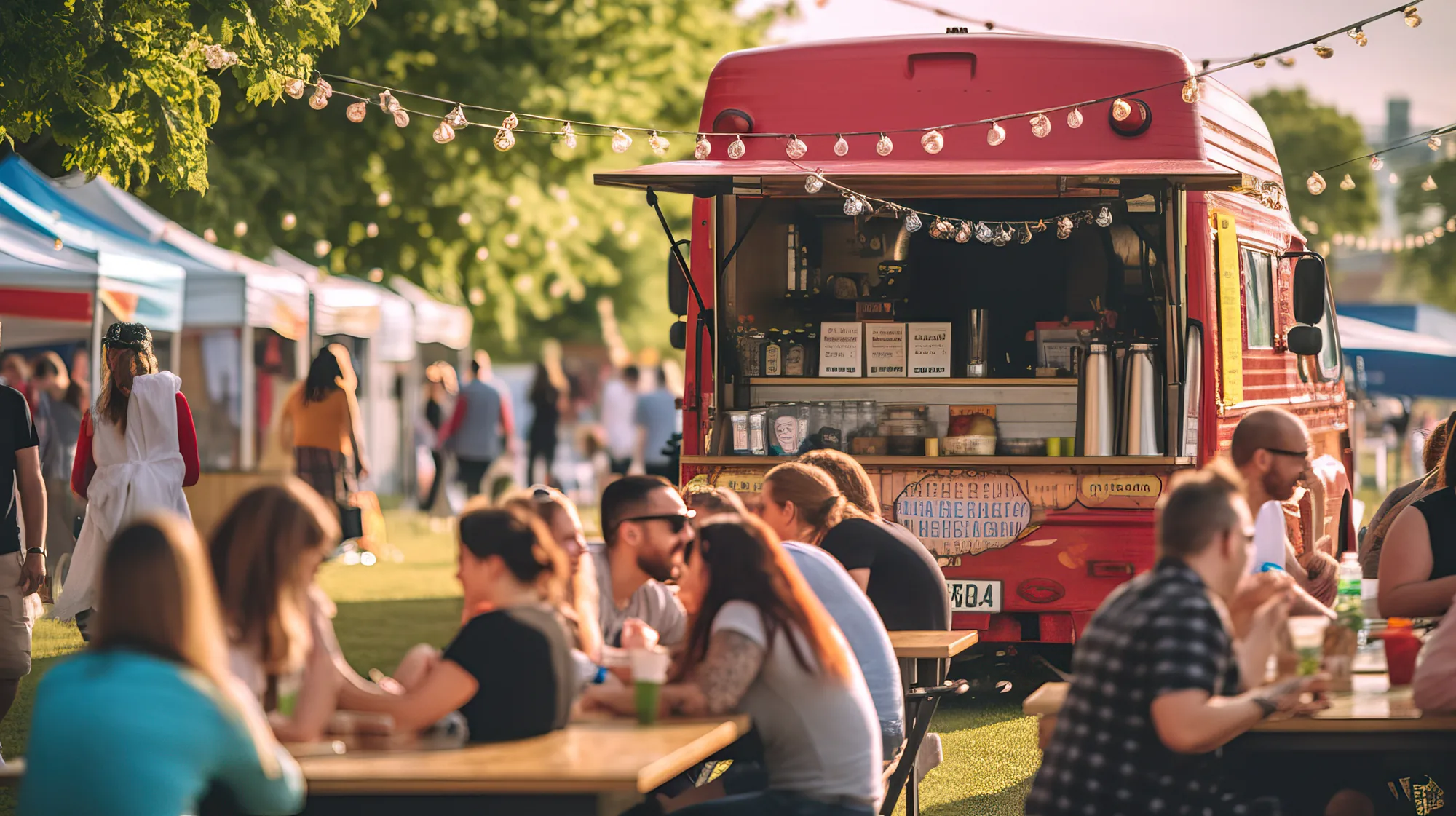 Diners eating at a busy outdoor food truck event