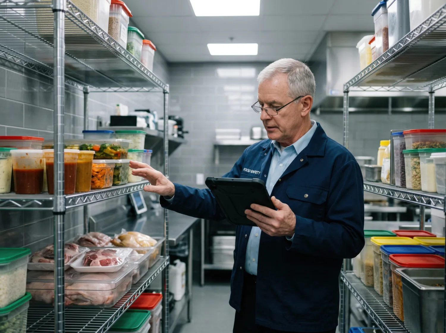 A food safety inspector recording a walk-in cooler inspection on a tablet